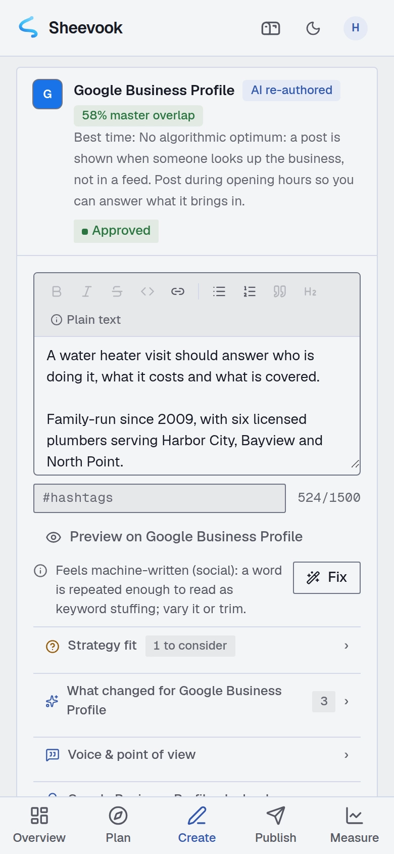 The Google Business Profile version of the post on a phone: AI re-authored, approved, 524 of 1,500 characters, with a writing check offering a one-click fix.